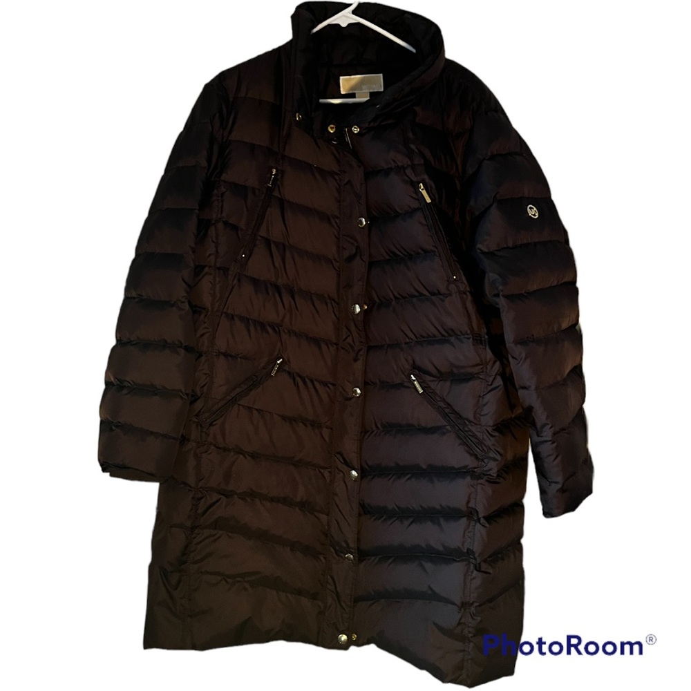 Michael Kors, Stadium length puffer coat down filled, Brown, golden accent zip